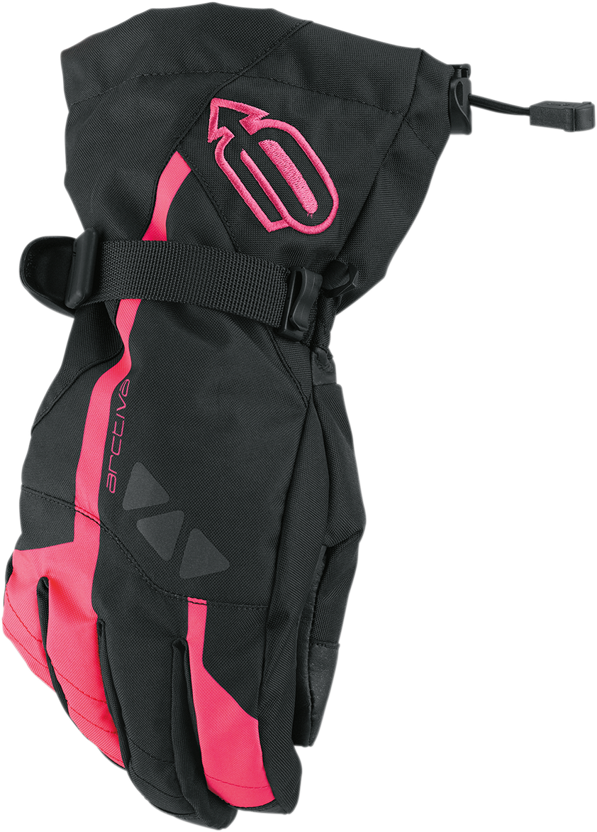 Black and pink ARCTIVA Women's Pivot Gloves by Bill's Exhausts in large size, showing the gloves with textured grip details.