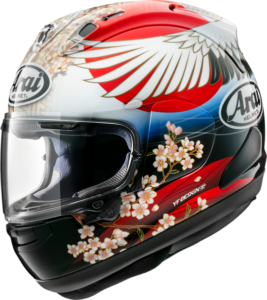 Arai Corsair-X Tsubasa XL motorcycle helmet with VAS shield mechanism and advanced safety features, shown from the side.