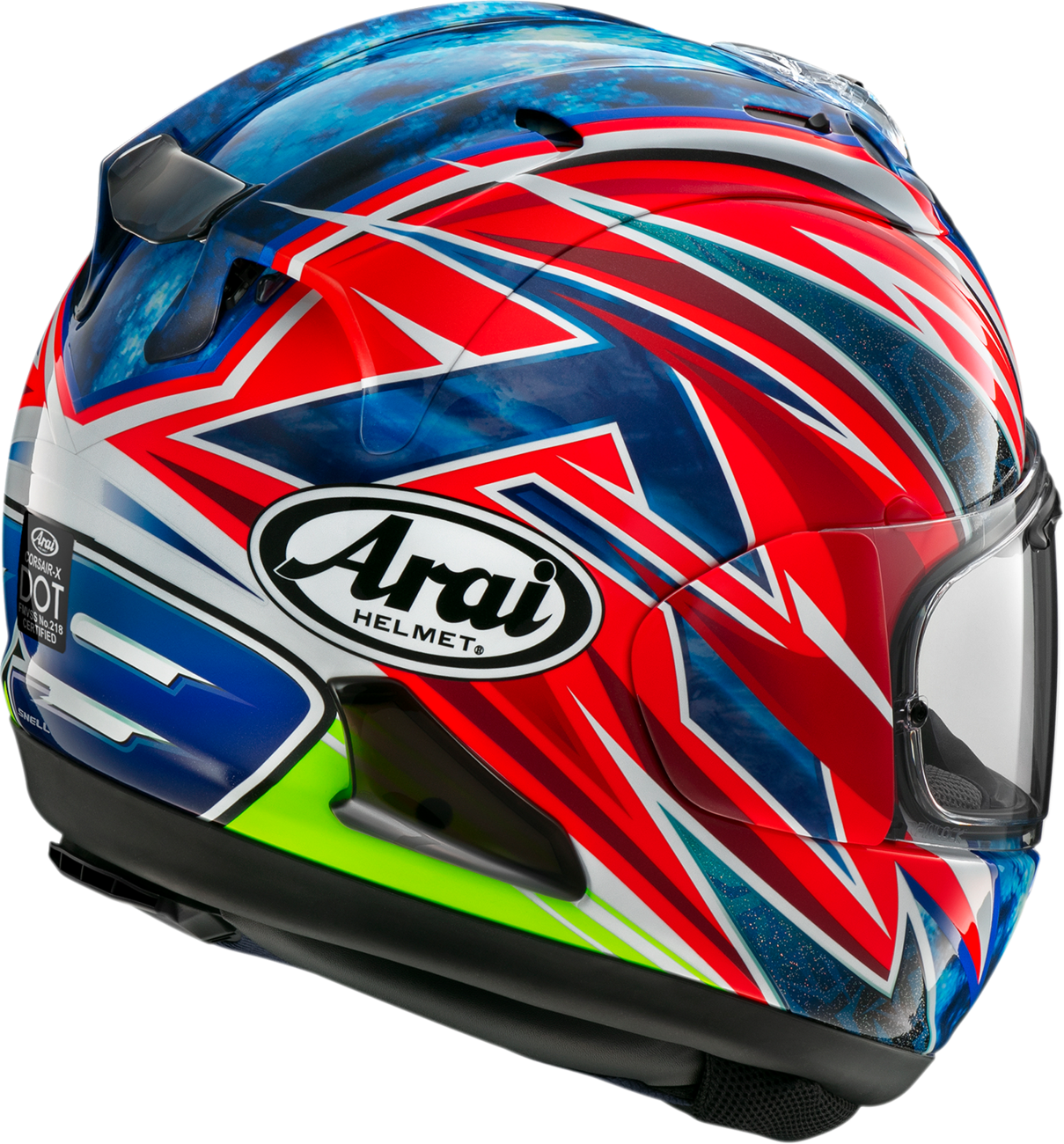 Arai Corsair-X Ogura motorcycle helmet with VAS shield mechanism and enhanced comfort features, shown from the front.