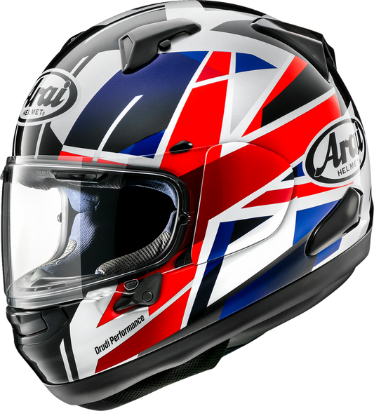 Arai Signet-X UK flag motorcycle helmet in medium size with VAS shield system, featuring a colorful UK flag design and aerodynamic shape.