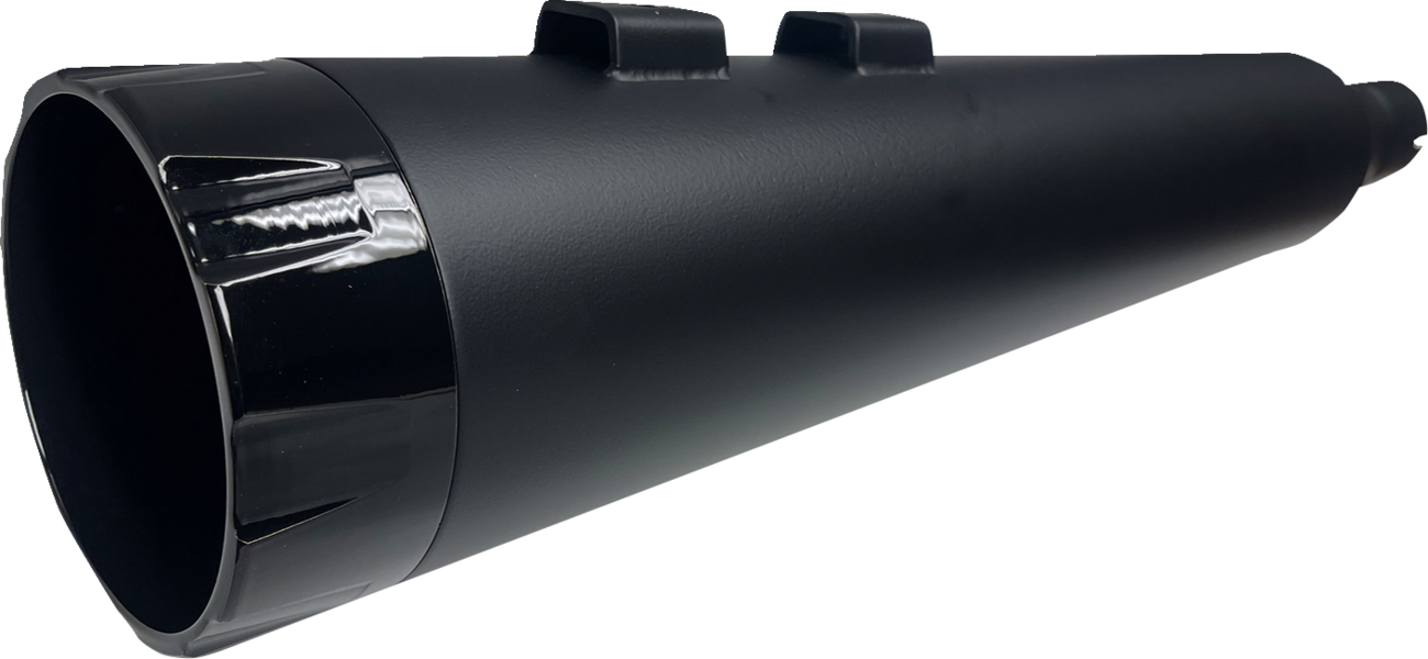 Black BASSANI XHAUST 4-1/2 inch straight can slip-on mufflers with black end cap for Twin Cam touring motorcycles.