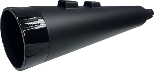 Black BASSANI XHAUST 4-1/2 inch straight can slip-on mufflers with black end cap for Twin Cam touring motorcycles.