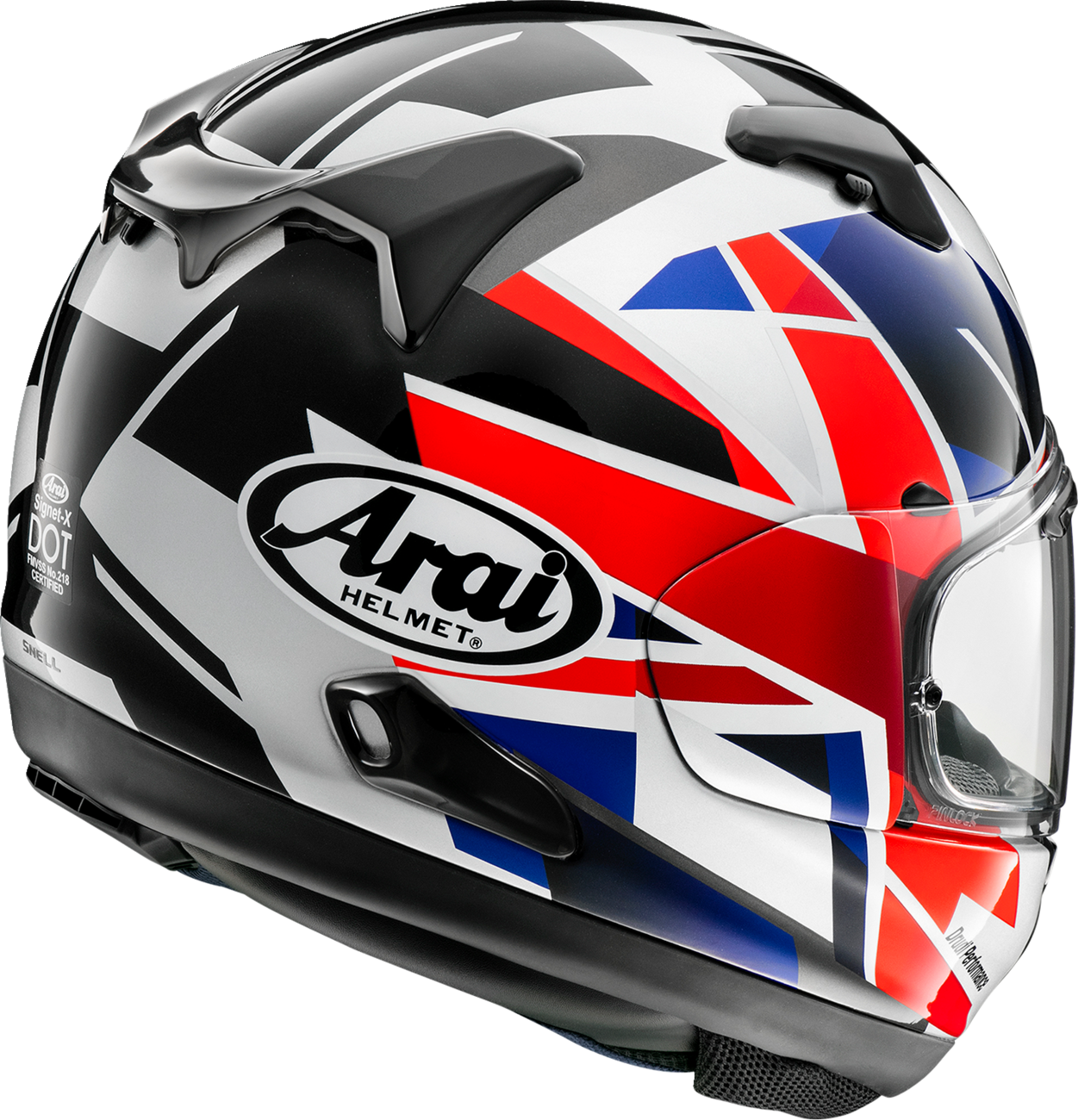 Arai Signet-X motorcycle helmet in UK flag design, small size, with aerodynamic shape and bold flag pattern on the shell.