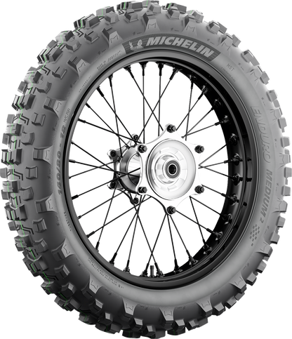 Michelin Enduro Medium 2 rear motorcycle tire 120/90-18 for off-road riding, featuring rugged tread for enhanced grip.