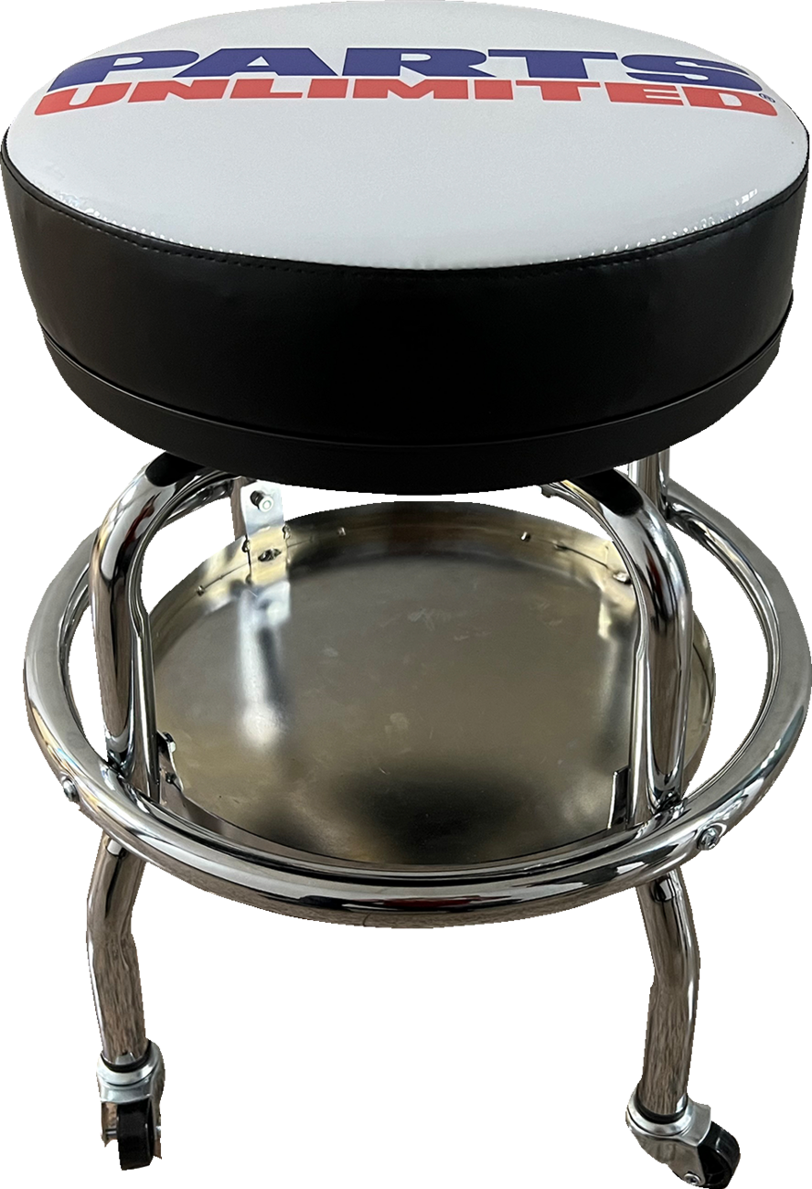 Parts Unlimited X80-6030P mechanic bar stool with chrome frame, ball bearing swivel, and padded seat for comfortable seating.
