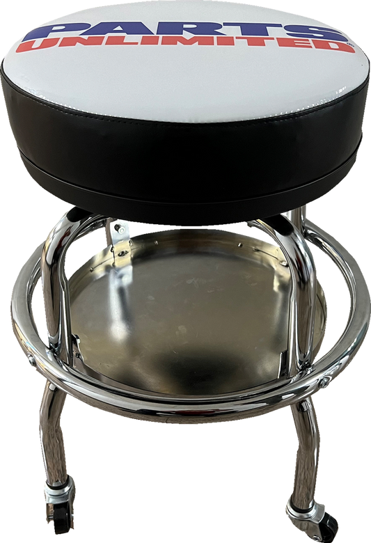 Parts Unlimited X80-6030P mechanic bar stool with chrome frame, ball bearing swivel, and padded seat for comfortable seating.