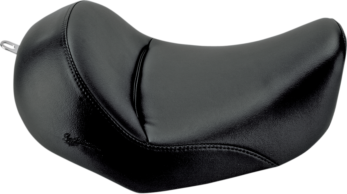 Black SADDLEMEN Heels Down Solo Seat for Dyna motorcycles, plain design without backrest, shown from top view.