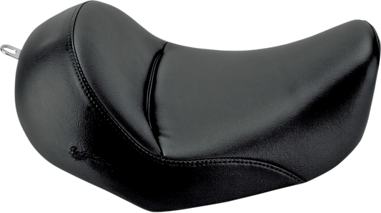 Black SADDLEMEN Heels Down Solo Seat for Dyna motorcycles, plain design without backrest, shown from top view.