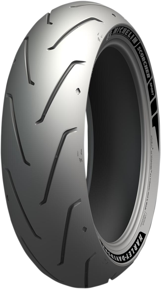 Rear Michelin Scorcher Sport motorcycle tire in 180/55ZR17 size with 73W load index, featuring tread pattern and sidewall details.