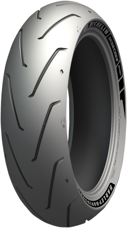 Rear Michelin Scorcher Sport motorcycle tire in 180/55ZR17 size with 73W load index, featuring tread pattern and sidewall details.