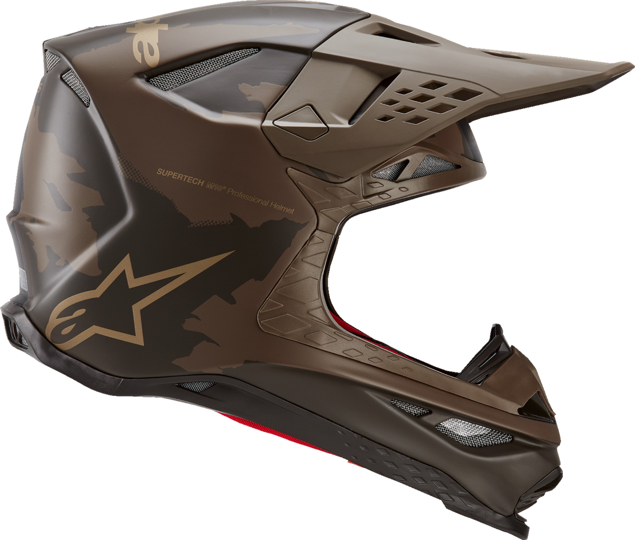 Alpinestars Supertech M10 helmet in dark brown and gold with MIPS® technology, displayed from the side in a product image