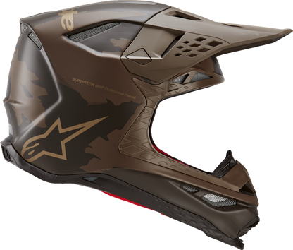 Alpinestars Supertech M10 helmet in dark brown and gold with MIPS® protection, shown from a side angle.