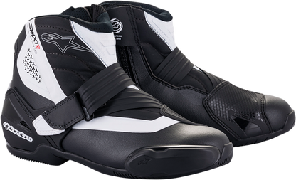 Alpinestars SMX-1 R v2 motorcycle racing boots in black and white, US 8 / EU 42, shown from side view.