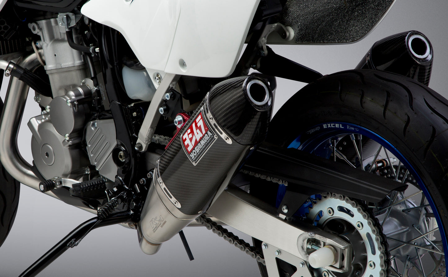 YOSHIMURA Signature RS 4 full exhaust system for dual applications, showing polished metal pipes and muffler with branding details.