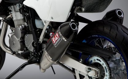 YOSHIMURA Signature RS 4 full exhaust system for dual applications, showing polished metal pipes and muffler with branding details.