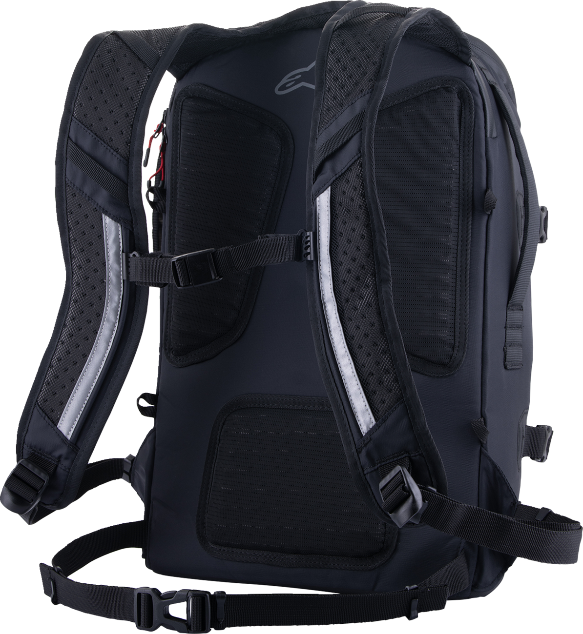 Black Alpinestars AMP-7 backpack with multiple compartments and padded straps, designed for comfort and durability.