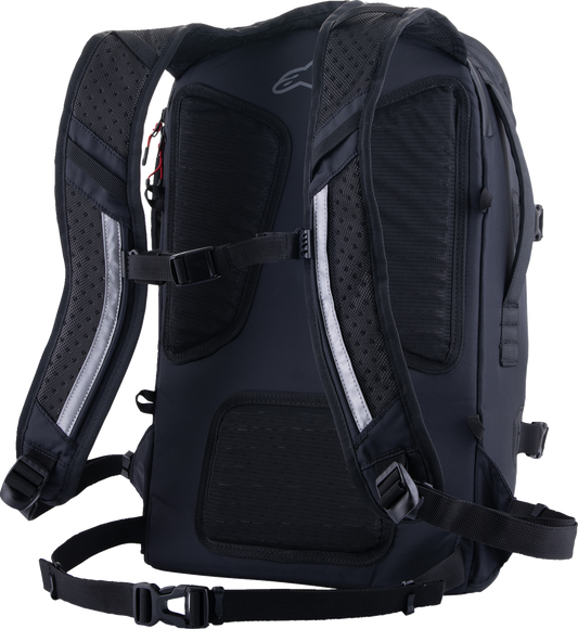 Black Alpinestars AMP-7 backpack with multiple compartments and padded straps, designed for comfort and durability.