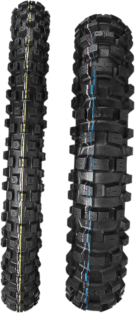 IRC iX05H mini front tire 70/100-17 for motocross, designed for hard to intermediate terrain, shown mounted on wheel