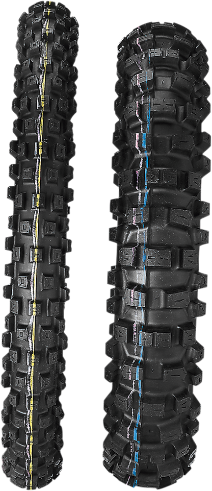IRC iX05H mini front tire 70/100-17 for motocross, designed for hard to intermediate terrain, shown mounted on wheel