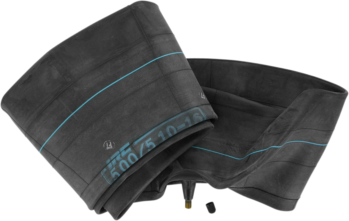 IRC T20036 16-inch motorcycle inner tube with side rubber valve, shown with valve and rubber edges for fitting inside motorcycle tires.