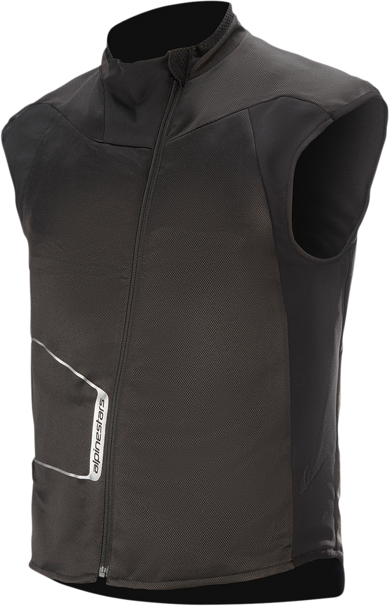 Black Alpinestars Heat Tech vest worn by a person, showcasing the close-fitting design and lightweight material.