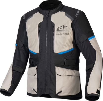 Alpinestars Andes Air Drystar® motorcycle jacket in black, laurel gray, and bright blue, 4XL size, featuring protective gear and ventilation.