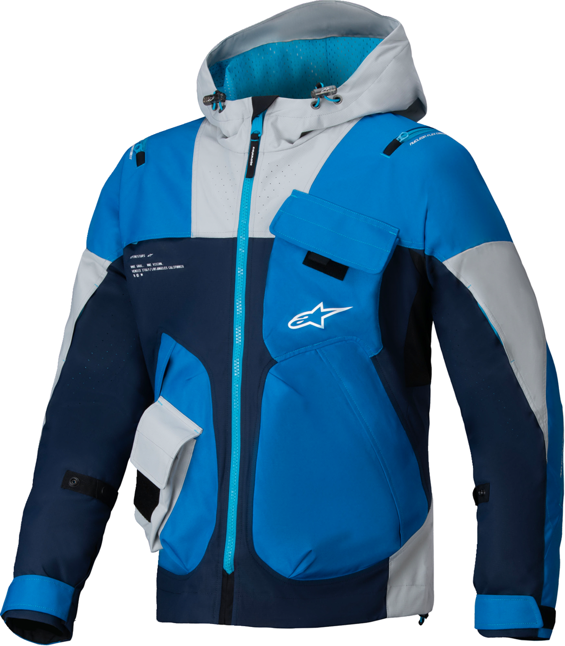 Alpinestars Mogress Air Jacket in blue and almond with impact protection and ventilation, shown on a mannequin.