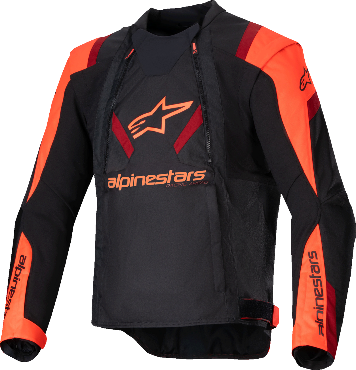 Alpinestars T-Stunt Air motorcycle jacket in black, red fluo, and dark red with protective armor, size XL, front view.