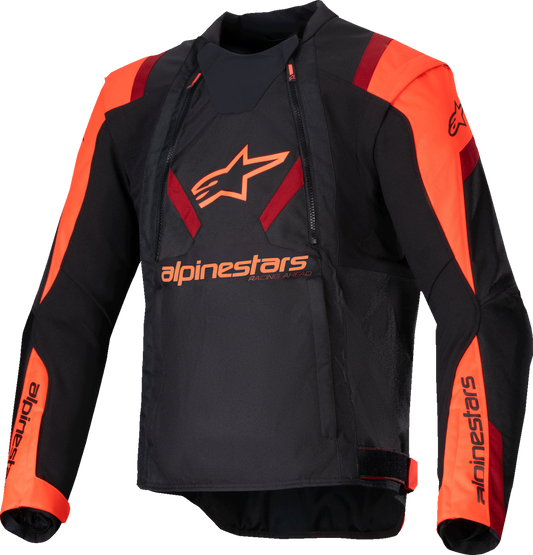 Alpinestars T-Stunt Air motorcycle jacket in black, red, and fluo colors, featuring protective padding and a sleek design.
