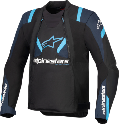 Alpinestars T-Stunt Air motorcycle jacket in black, dark blue, and blue, size large, featuring protective armor and breathable fabric.
