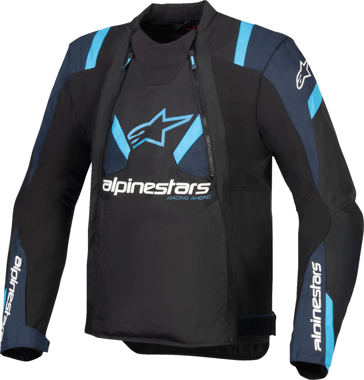 Alpinestars T-Stunt Air motorcycle jacket in black, dark blue, and blue, featuring protective design and breathable material.