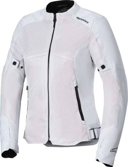 Alpinestars Stella C-1 Air women's silver motorcycle jacket with protective padding, size XL, displayed on a hanger.