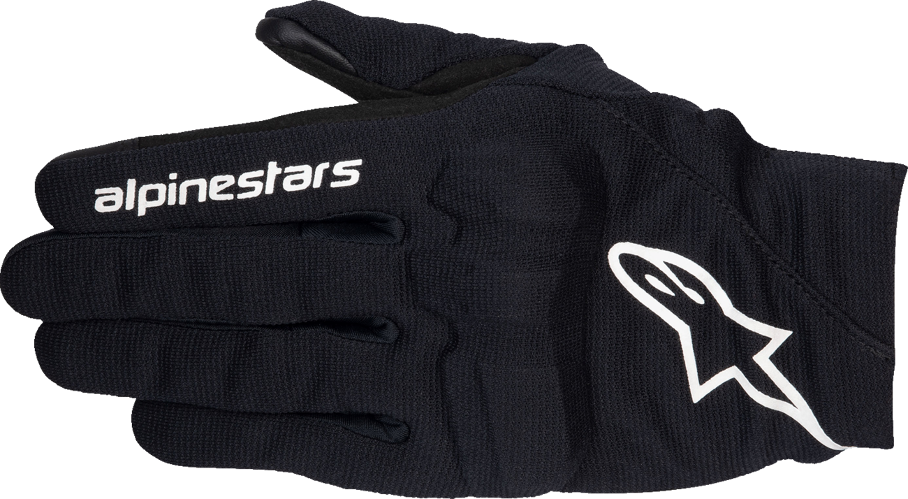Alpinestars Stella Reef V2 motorcycle gloves in black and white, size large, showing textured palm and reinforced knuckles.