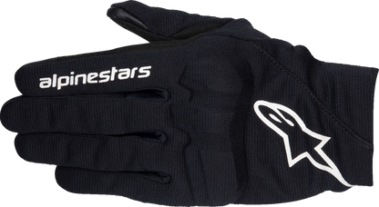 Alpinestars Stella Reef V2 motorcycle gloves in black and white, size large, showing textured palm and reinforced knuckles.