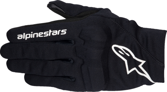 Alpinestars Stella Reef V2 gloves in black and white, size large, showing the padded motorcycle glove with branding and textured material.