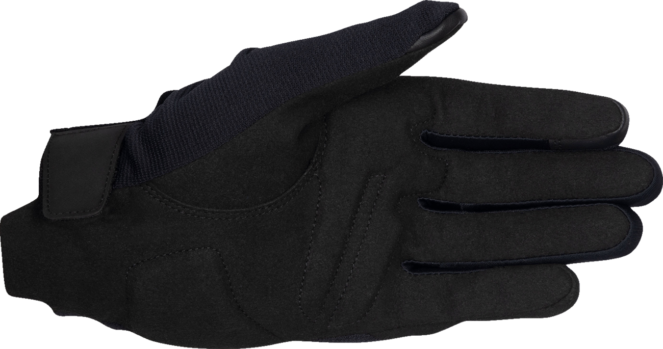 Alpinestars Stella Reef V2 motorcycle gloves in black and white, size large, showing textured finger and palm details.