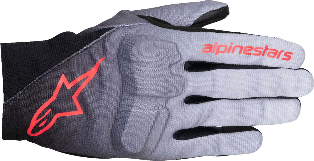 Alpinestars Stella Reef V2 motorcycle gloves in gray, black, and fluo pink with protective padding, medium size.
