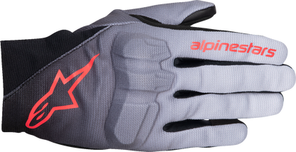 Alpinestars Stella Reef V2 motorcycle gloves in gray, black, and fluo pink with protective padding, medium size.