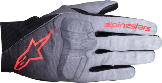 Alpinestars Stella Reef V2 motorcycle gloves in gray, black, and fluo pink, large size, with protective knuckles and breathable fabric.