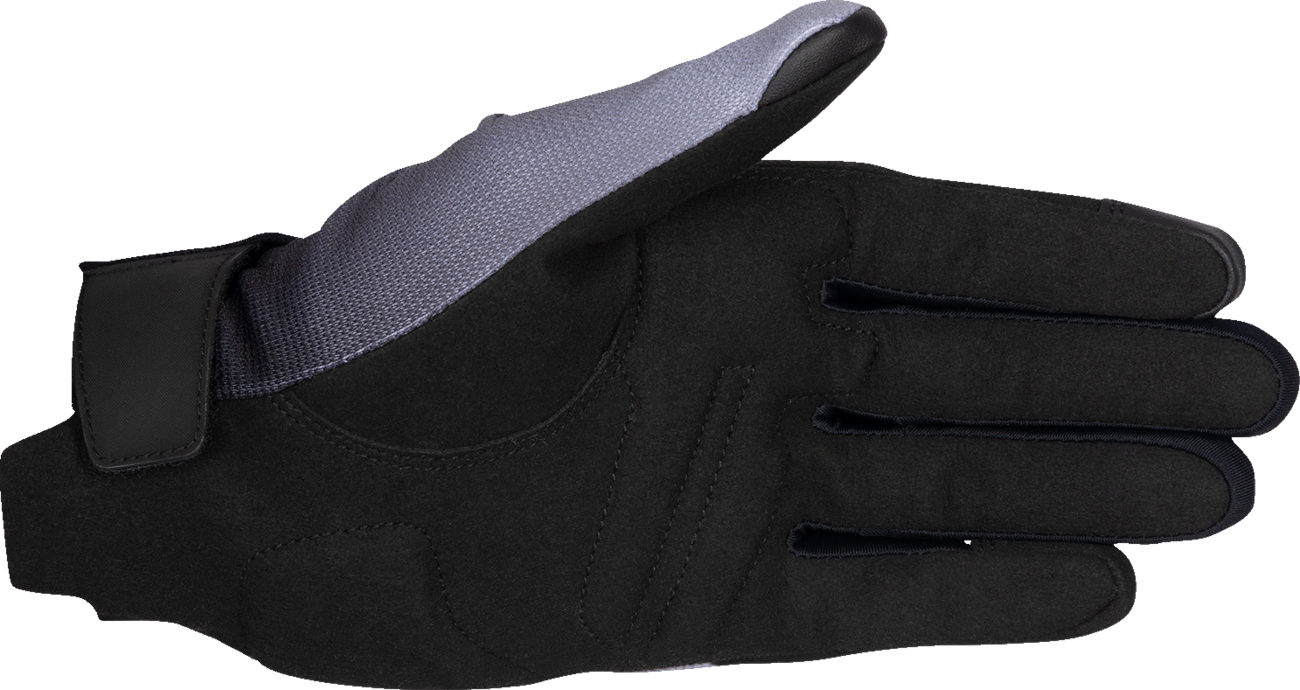 Alpinestars Stella Reef V2 motorcycle gloves in gray, black, and fluo pink with protective padding and adjustable wrist straps.
