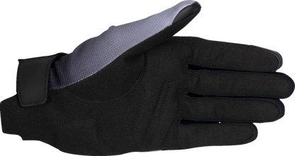 Alpinestars Stella Reef V2 motorcycle gloves in gray, black, and fluo pink with protective padding and adjustable wrist straps.