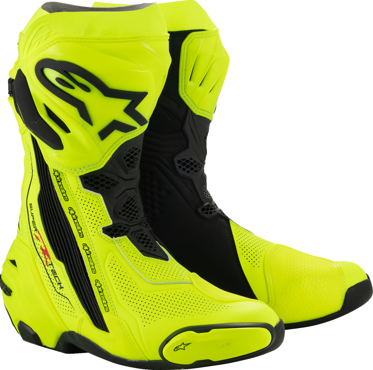 Alpinestars Supertech R Vented motorcycle racing boots in fluorescent yellow and black, US 11.5 / EU 46, with protective design.