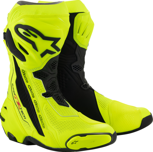 Alpinestars Supertech R Vented motorcycle racing boots in fluorescent yellow and black, US 11.5 / EU 46, with protective design.