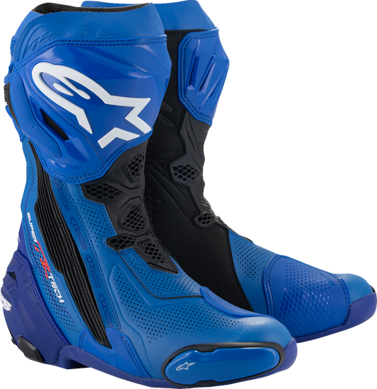 Alpinestars Supertech R Vented motorcycle boots in blue and black, US 9 / EU 43, showing the sporty design and ventilation features.
