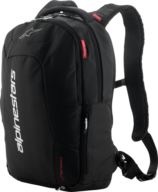 Alpinestars City Hunter Backpack V2 in black and white with multiple compartments and padded shoulder straps.