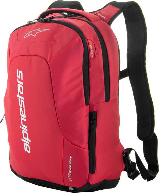 Alpinestars City Hunter Backpack V2 in red and black, designed for commuting and riding, featuring multiple compartments and durable straps.