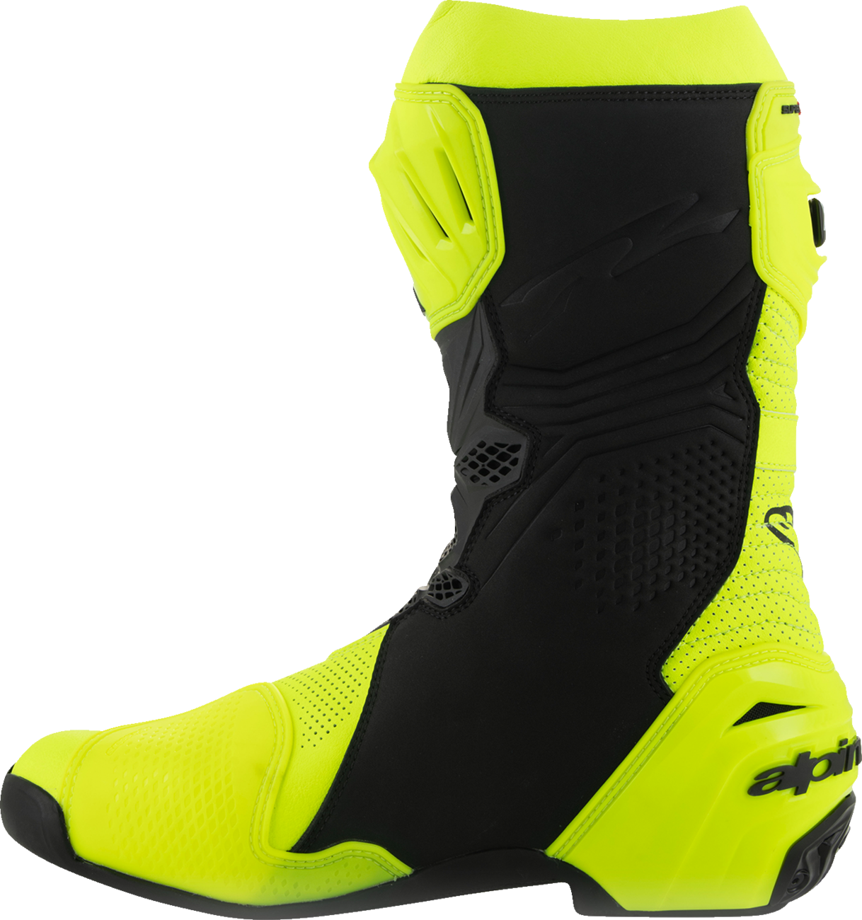 Alpinestars Supertech R Vented motorcycle boots in fluorescent yellow and black, US 11.5, EU 46, with protective design and branding.