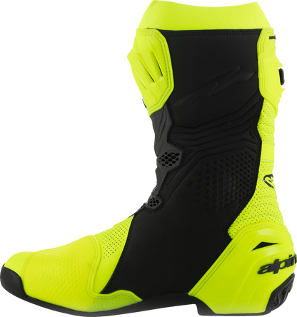 Alpinestars Supertech R Vented motorcycle boots in fluorescent yellow and black, US 11.5, EU 46, with protective design and branding.
