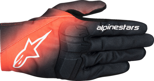 Alpinestars Reef V2 motorcycle gloves in medium size with black, fluorescent red, and white color, showing padded knuckles and finger protection.
