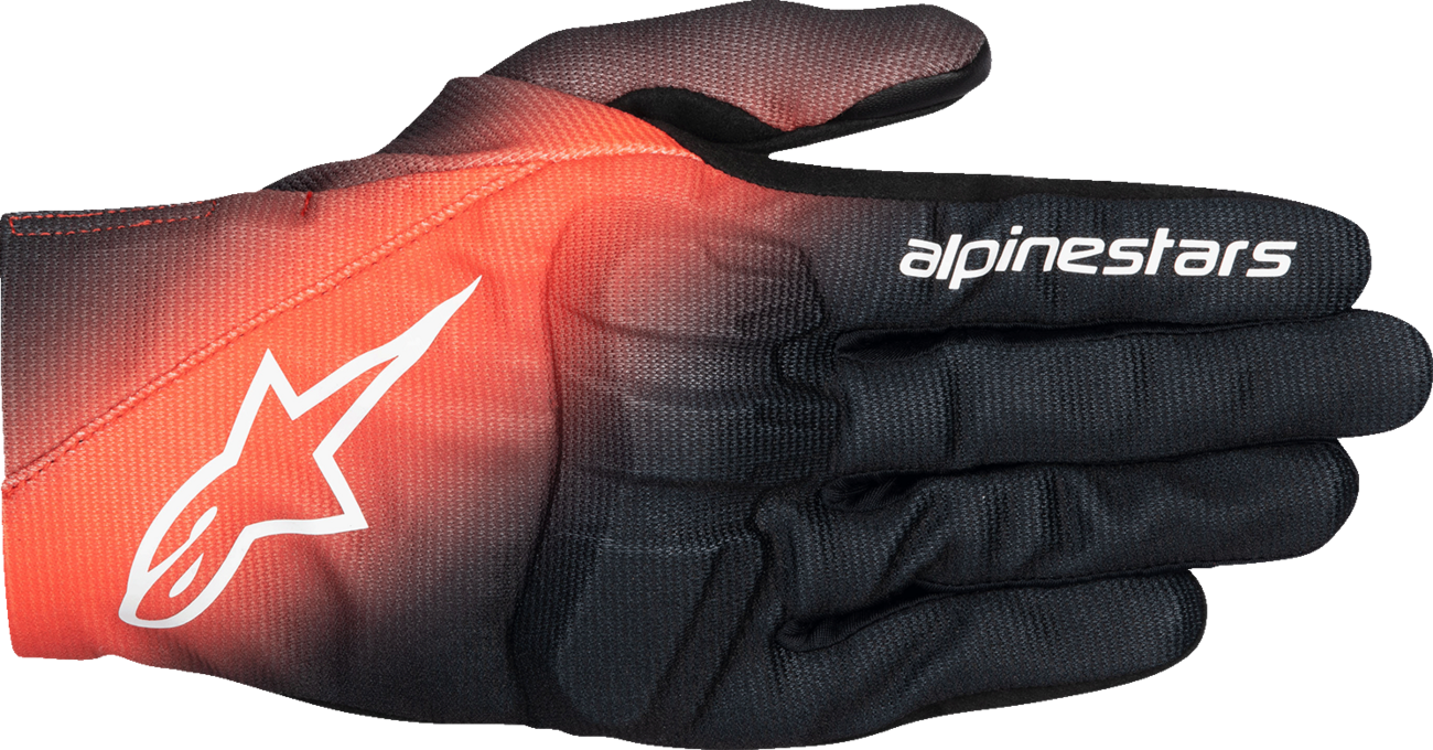 Alpinestars Reef V2 motorcycle gloves in black, fluorescent red and white, size 3XL, with protective knuckles and breathable design.